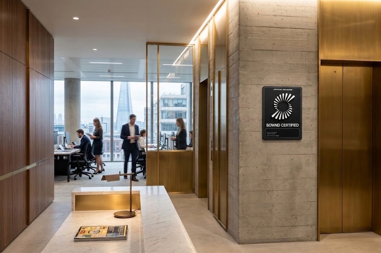 The Sownd Certified bronze plaque, installed at the Oscar Acoustics Innovation Centre — the first Sownd Certified building.