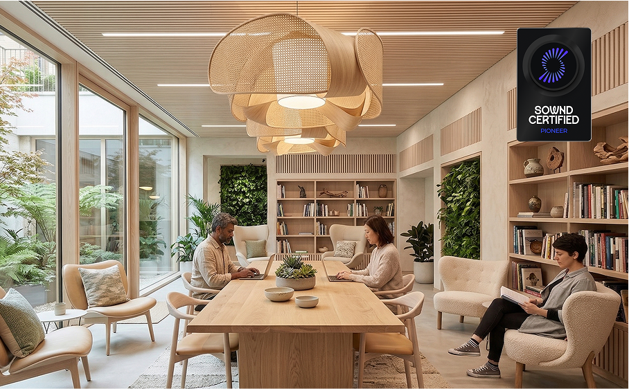 A Sownd Certified library workspace with people collaborating