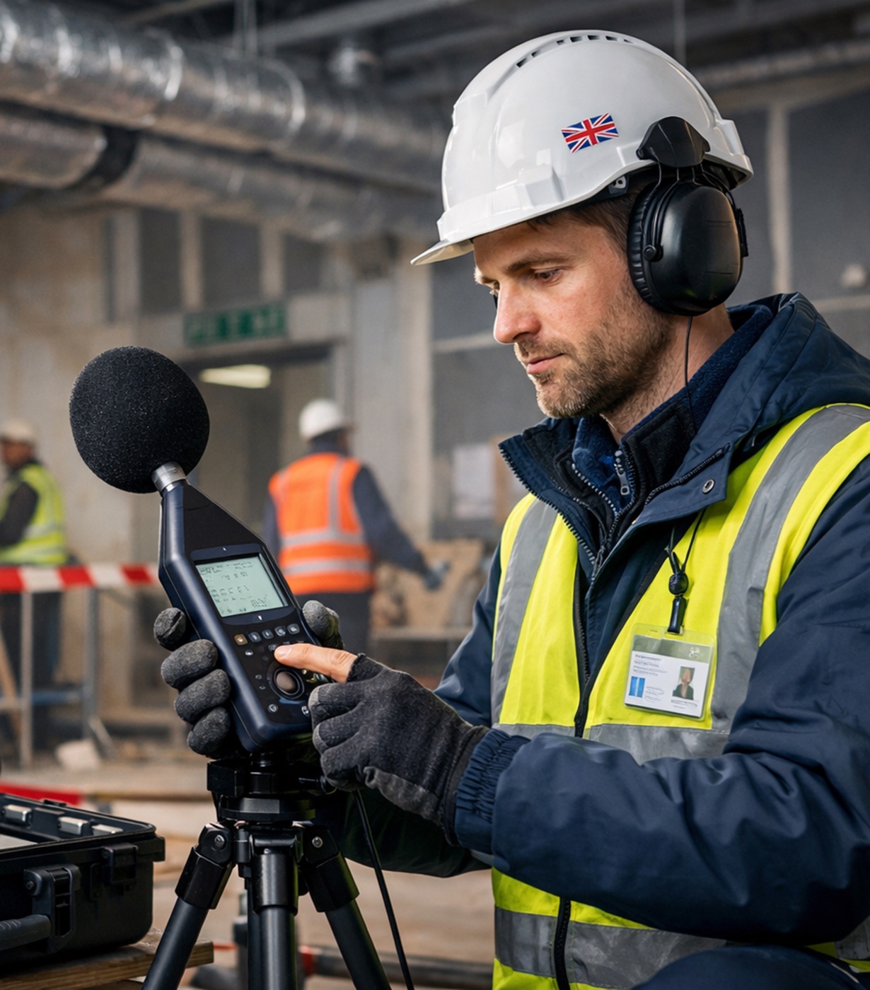 Acoustic consultant measuring on site